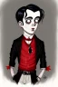 Placeholder: black haired red eyed young man wereratwith gothic jewelry in the style of charles addams