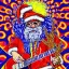 Placeholder: WOODSTOCK, hippie Santa playing electric guitar, psychedelic, peace sign, MUSHROOMS, TRIPPY, ACID, LSD, dreadlocks