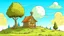 Placeholder: Cartoon style: far far away on the horizon between trees, a very small wooden house