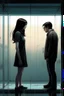 Placeholder: The cover of a song expresses a girl standing on a dark side and looking at a man on the other side, a bright side, but he does not see her, and they are separated by a glass wall that prevents her from crossing into it Photorealistic