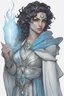 Placeholder: Drawing of a female Moonelf twilight cleric with black, curly, short hair and blue eyes, wearing gray robes. Etheral, muscular, beautiful.