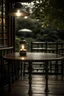 Placeholder: coffee on table and its raining heavily outisde, trees and old lamp