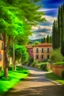 Placeholder: A realistic photo of a small Toscany town in late spring with trees and a surprising station in Henri Cartier-Bresson style