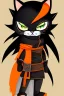 Placeholder: cat 2d, knight, ninja, black fur,full body, orange torn coat,game character, strong, anime, chibi