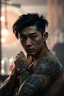 Placeholder: professional photo from attraktive young korean man with elaborate detailed warrior tattooed him arms. The character’s muscular build, some ring jewelry, dark hair, dark asian eyes, young korean man attractive masculine face with realistic skin, no anime face, shadows, pale light, cyber urban bar, blur background
