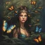 Placeholder: Painting of a beautiful girl, beautiful, pretty face, young girl, fantasy art, dream, trees, forest, dark night, song, glitter butterflies, fantasy