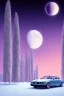 Placeholder: 1980's aesthetic vaporwave palm trees with lighting with moon with bmw in the winter snow