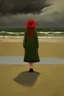 Placeholder: una mujer de perramus largo y verde, un sombrero verde y largo cabello rojo parada en una playa desierta en un dia nublado con un cielo de nubes negras pintura al oleo al estilos de Anne Packard