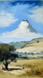 Placeholder: A white open sky near a peak designed in Navajo yarn painted by Édouard Manet