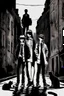 Placeholder: Design a detective book cover for teenagers. A teenage girl in the centre and two boys on her sides are on the town street. Black Cat as a company. Banksy style, pop art style, dark mood, mysterious atmosphere