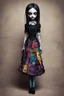 Placeholder: full color, full body illustration of a dark menacing Victorian goth vampire girl, ala Wednesday Addams, as a decayed, broken, crude homemade patchwork cloth doll toy, with contrast stitching across her patchwork face, hair made from ragged strips of cloth, art in the style of Alex Pardee