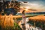 Placeholder: wide angle shot of golden wheat field next to river ,a watermill on river, a beautiful girl in pretty long dress walking in