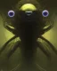 Placeholder: Distorted large yellow insectoid alien black eyes, in a mall, sci-fi art, graphic design, digital illustrated scene, alien art, high strangeness, absurdist, cartoonists