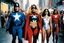 Placeholder: [bokeh color photo by Helmut Newton] superheroes appearing in American comic books published by Marvel Comics, they are led by Mlle Quebec wearing a spandex superhero costume with a fleur-de-lys symbol on the chest, Vindicator the guardian, Northstar, Sasquatch, Shaman, Snowbird