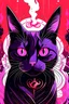 Placeholder: un gato negro con símbolos egipcios en la cara y ojos de color rosa con llamas que sean de color morado que salgan de sus ojos, en un ambiente con tonos morados