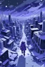 Placeholder: snowy megalopolis, purple white grey black, stylized, perspective from person on ground