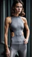 Placeholder: photography of a beautiful anorexic woman, grey satin triathlon top, brunette wavy bob haircut, pronounced sternum, flat chest, grey satin cycling leggins