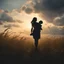 Placeholder: Hyper Realistic Silhouette of a mother carrying her child at cloudy sunset in a field with tall grass showing cinematic & dramatic ambiance