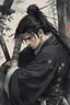 Placeholder: A Young Man who is a Samurai, he has scars, cuts, and marks on his body. His body looks war torn, and he is missing his left arm from his shoulder. He has long black hair and has a stuble for facial hair.