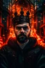 Placeholder: Portrait roi conquerant cyberpunk, cheveux noirs, barbe, yeux rouges, porte une couronne en feu, belgique en feu arriere plan