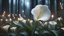 Placeholder: single white calla lily in pastel colored rose forest, trees, flowers, fairy lights, night, 8k, high quality, trending art, trending on artstation, sharp focus, studio photo, intricate details, highly detailed, by greg rutkowski