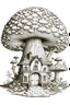 Placeholder: outline art, a whimsical house shaped like a giant acorn, nestled among towering oak trees. The exterior is adorned with glowing mushrooms, and the entrance is a small door at the base of the acorn, only outline, clear line art, white background, no shadows, no tones color, no detailed artwork, clear and well outlined.