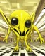 Placeholder: Distorted large yellow insectoid alien black eyes, in a mall, sci-fi art, graphic design, digital illustrated scene, alien art, high strangeness, absurdist, cartoonists