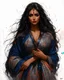Placeholder: painting in a highly stylized, cinematic art style depicts a beautiful woman with long, flowing dark hair and dark eyes, adorned with a red bindi on her forehead and red lipstick. She is wearing an elaborate robe composed of dark blue, blue, gray, and gold fabric with a pattern of gold circles and abstract shapes, including some red and orange elements. The woman is positioned with her right shoulder partially exposed, revealing a glimpse of her dark skin. Her dark hair cascades dramatically aro
