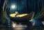 Placeholder: strong mouse in cheese boat, in moonlit forest by stream, book illustration, fine detail, 4k, trending, volumetric light, depth of field