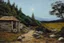 Placeholder: Night, moon, cabin, rocks, pathway, trees, grass, mountains, distant mountains, distant trees, philip wilson steer impressionism painting