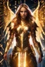 Placeholder: Photograph pretty girl Angel wearing armor long hair stand face front in impact picture,translucent and glowing metallic patterns,glowing metal objects hovering in the air and surrounding him,Electric arcs and sparks,flow of energy,translucent magnetic lines,golden and shimmering light effects