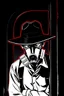 Placeholder: man with hat (wide and flat brim and a flat top) shading face, wearing a gas-mask, leaning in a doorway, vignette, black and white graphic novel style with a red outline on black background, gothic horror