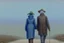 Placeholder: two people without gender seen from behind walking side by side in an empty foggy plain, above there is blue sky by artist "Leonora Carrington"