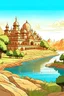 Placeholder: wide angle view of Indian kingdom as a Graphic novel illustration, big palaces, bright sunny day, river flowing in the middle