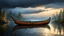 Placeholder: fantasy, A birch bark canoe in a peaceful lake setting during a rainy day, with raindrops creating ripples on the water, and dark clouds overhead., mutted teal and terracota color scheme, Golden-hour lighting, adventure core, soft and dreamy depictions, epic eerie