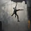 Placeholder: Minimal abstract oil painting of a falling person limbs sinew. Amongst concrete fragments brutalist architecture and hanging wires illuminated at night. In the style of Justin Mortimer and Phil Hale and Ashley Wood