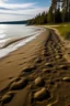 Placeholder: Sand Near THE WATER OF LAKE Gennisaretsky, bare footprints lead to the water. The image is in high quality in 8K.