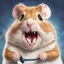 Placeholder: Close-up portrait of Hamster hockey player goon with tooth missing, dramatic, cartoon realism, hyperreal, kinetic, missing tooth!