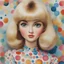 Placeholder: 1970s,, barbie dill, , in the style of Margaret Keane, watercolor dots in the background