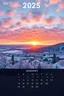 Placeholder: New 2025 Calendar, wall Calendar that features an Impressionist landscape of a Wide angle majestic winter sunset over a serene snowy town, Text "2025" text "JANUARY". calendar template with monthly date grid at bottom