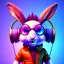 Placeholder: pixar style anamorphic cute smiling baby rabbit, smiling, cyberpunk headphone, sunglass, gangsta gold neckless, full body, magenta puffer jacket, manila city backdrop, dramatic lighting, hyper realistic, unreal engine 5, 16k