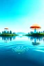 Placeholder: Landscape scene across a lake with mushrooms with jellyfish tentacles floating through a light blue clear sky