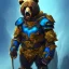 Placeholder: An angry bear warrior in blue and gold armor, background of Inka jungle, high detail, smooth, realistic, digital illustration, Artstation, artgerm,