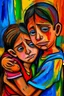 Placeholder: a girl hug her brother and both crying sadly, expressionism, Pixar style, in abstract art Basquiat, Picasso, Miro, Kandinsky, Klee, Birell, Fairey, Ardon, Buffet aand Picasso style, HD --s 750 --v 5.1 --style raw, water color
