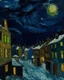 Placeholder: A city covered in snow in nighttime painted by Vincent van Gogh