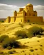 Placeholder: A yellow desert with an Egyptian fortress designed in ancient Greek pottery painted by Frank Lloyd Wright