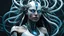 Placeholder: An android-mutant woman with long hair, a biomechanical mutant with sky-blue eyes, white robot body, she is the AI-Medusa woman with like snakes of hair, the wirling with blue-white hair, sitting a futuristic chair, stunning, mystic and sci-fi mix creature, high detalied, sharp focus, perfect beauty, professional photo