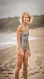 Placeholder: anorexic beautiful girl, age 21, total shot, short silver triathlon swimsuit, blonde wavy bob haircut, blurred beach background