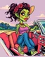 Placeholder: Consuela Mexican woman in a tank-top and jeans, illustrated in a RAT Fink Ed Roth's monsters Style driving a convertible car, big head with small body, cholla with face tattoo, cartoon kissy lips, rat fink t-shirt composition, 2 color silkscreen