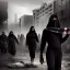 Placeholder: women, faces covered in black masks, ragged clothes, holding flag, war-torn, destroyed city in the background, 8k resolution, hyperrealistic, detailed matte painting, b&w, dynamic lighting, war, anarchy, terrorists